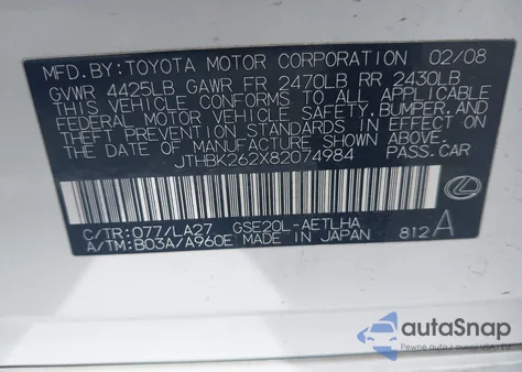 2008 Lexus Is 250 z USA, uszkodzony, nr VIN JTHBK262X82074984